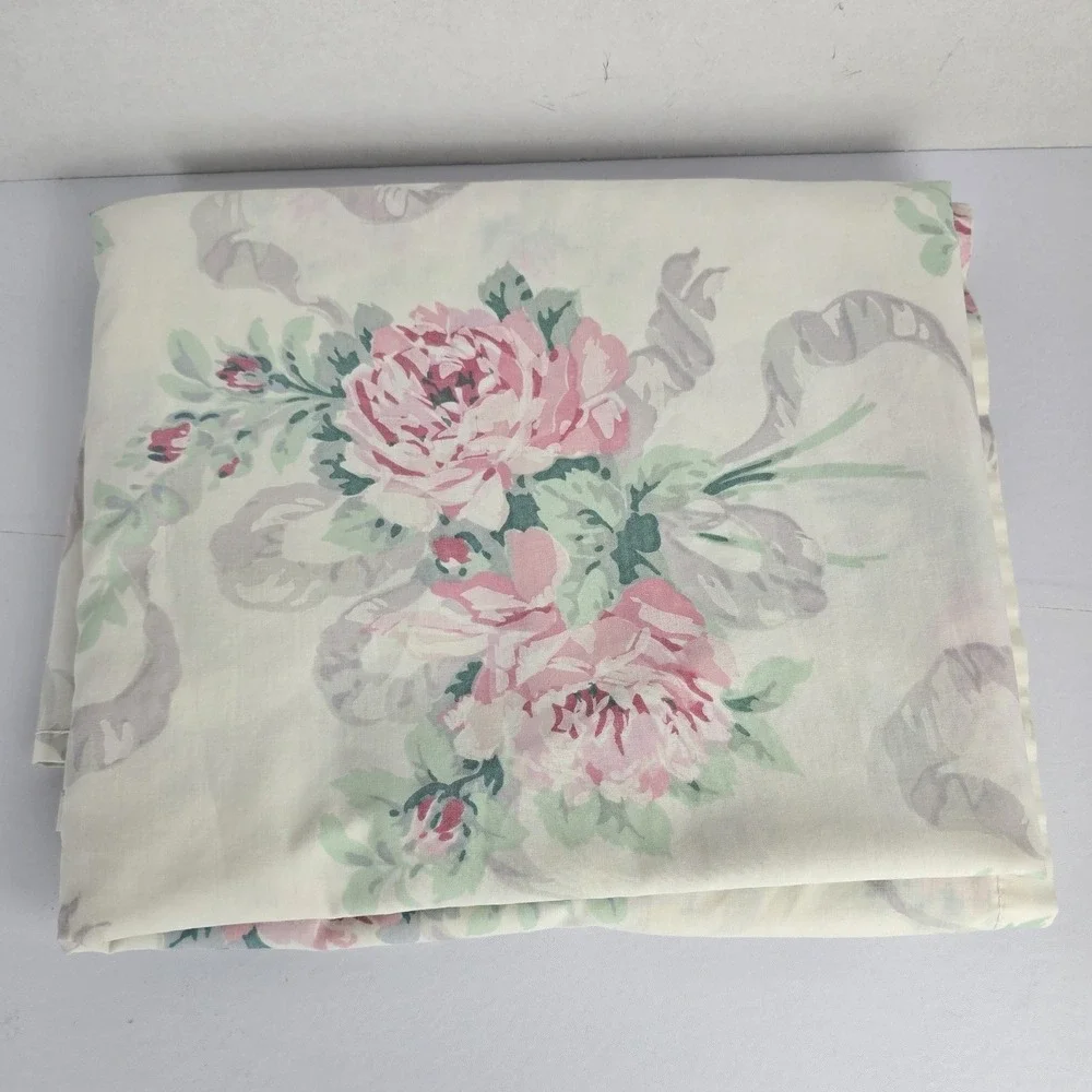 Vintage Flat Cal King Sheet Cream Pink Floral Rose Cottagecore Shabby Chic -Flaw